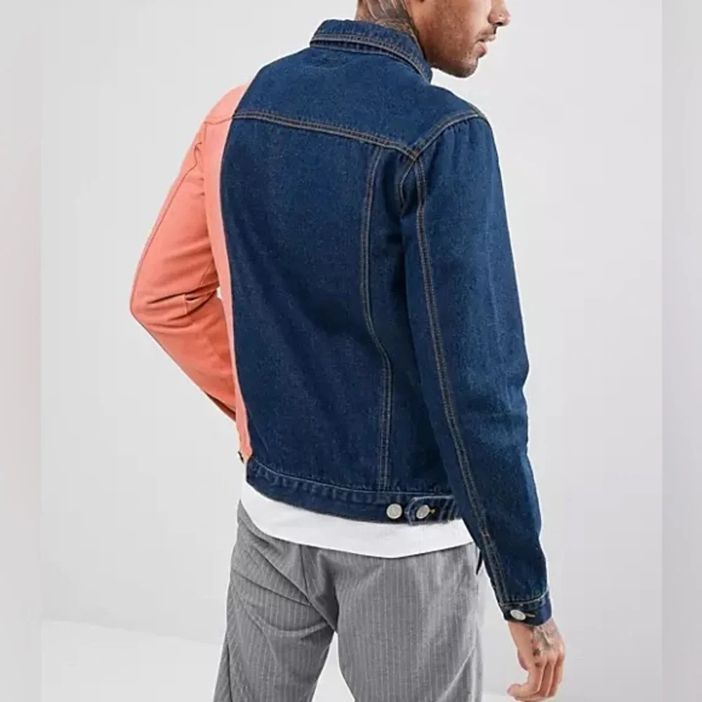 ASOS boohooMAN color block spliced denim jacket in blue wash - Picture 4 of 9
